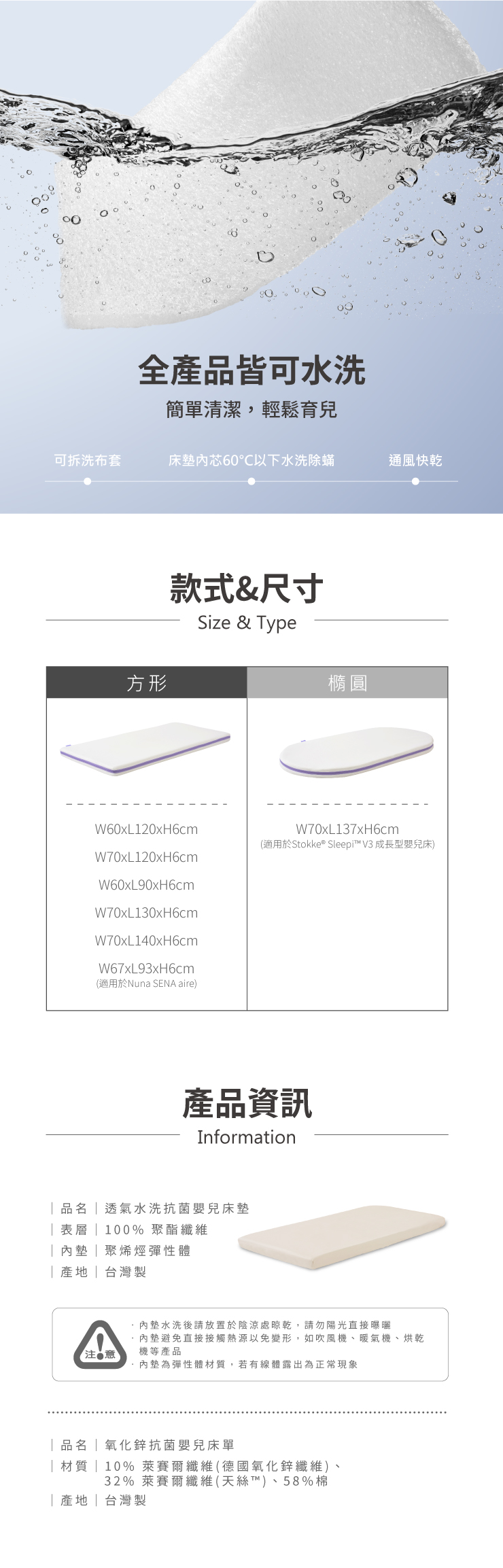 全產品皆可水洗簡單清潔,輕鬆育兒可拆洗布套床芯60以下水洗除蟎通風方形款式&尺寸Size & Type橢圓W60xL120xH6cmW70xL137xH6cm(適用於Stokke® Sleepi™ V3 成長型嬰兒床)W70xL120xH6cmW60xL90xH6cmW70xL130xH6cmW70xL140xH6cmW67xL93xH6cm(適用於Nuna SENA aire)產品資訊Information透氣水洗抗菌嬰兒床墊表層 100% 聚酯纖維墊|聚烯烴彈性體|台灣製墊水洗後請放置於陰涼處晾乾,請勿陽光直接曝曬內墊避免直接接觸熱源以免變形,如吹風機、暖氣機、烘乾機等產品注意內墊為彈性體材質,若有線體露出為正常現象品名氧化鋅抗菌嬰兒床單| 材質 | 10%萊賽爾纖維(德國氧化鋅纖維)、32% 萊賽爾纖維(天絲T™)、58%棉產地|台灣製