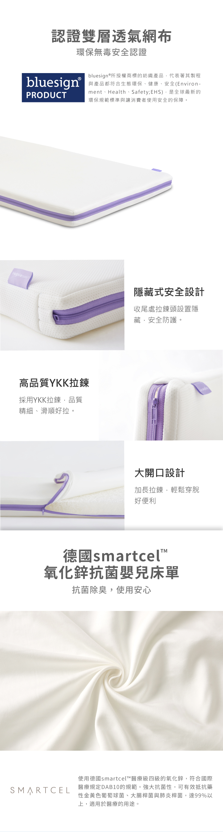 認證雙層透氣網布環保無毒安全認證bluesign®PRODUCTbluesign®所授權商標的紡織產品代表著其製程與產品都符合生態環保、健康、安全(Environ-ment、Health、Safety;EHS),是全球最新的環保規範標準與讓消費者使用安全的保障。高品質YKK拉鍊採用YKK拉鍊,品質精細、滑順好拉。隱藏式安全設計收尾處拉鍊頭設置隱藏,安全防護。大開口設計加長拉鍊,輕鬆穿脫好便利德國smartcel氧化鋅抗菌嬰兒床單抗菌除臭,使用安心SMARTCEL使用德國smartcel™醫療級四級的氧化鋅,符合國際醫療規定DAB10的規範。強大抗菌性,可有效抵抗藥性金黃色葡萄球菌、大腸桿菌與肺炎桿菌,達99%以上,適用於醫療的用途。