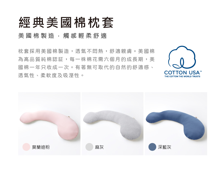 經典美國棉枕套美國棉製造觸感輕柔舒適枕套採用美國棉製造,透氣不悶熱,舒適親膚。美國棉為高品質純棉認証,每一株棉花需六個月的成長期,美國棉一年只收成一次。有著無可取代的自然的舒適感、透氣性、柔軟度及吸溼性。COTTON USATHE COTTON THE WORLD TRUSTS莫蘭迪粉麻灰深藍灰