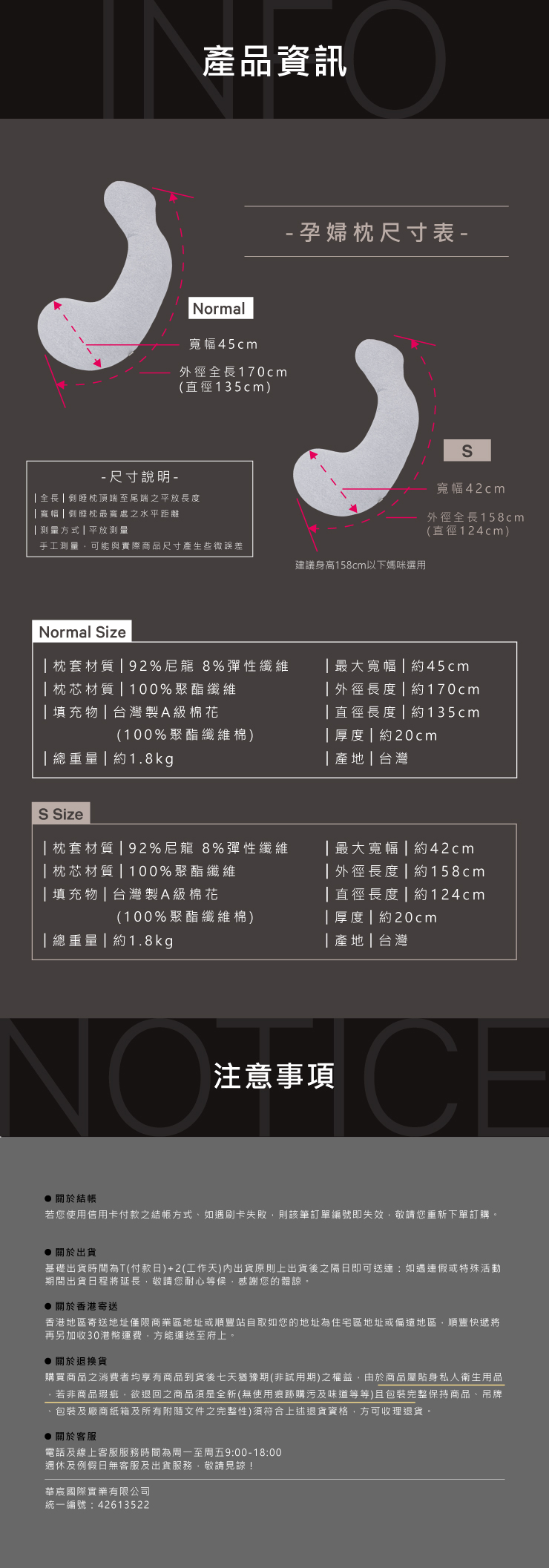 產品資訊- 孕婦枕尺寸表-Normal寬幅45cm外徑全長170cm(直徑135cm)- 尺寸說明- 全長  枕頂端至尾端之平放長度寬幅側睡枕最寬處之水平距離| 測量方式|平放測量寬幅42cm外徑全長158cm(直徑124cm)手工測量可能與實際商品尺寸產生些微誤差建議身高158cm以下媽咪選用Normal ize|枕套材質|92%尼龍 8%彈性纖維| 枕芯材質|100%聚酯纖維|填充物|台灣製A級棉花(100%聚酯纖維棉)| 總 | 約1.8kg|最大寬幅|約45cm| 外徑長度|約170cm|直徑長度|約135cm|厚度|約20cm|產地|台灣S Size|枕套材質|92%尼龍 8%彈性纖維|枕芯材質|100%聚酯纖維|填充物|台灣製A級棉花(100%聚酯纖維棉)| 總重量 | 約1.8kg|最大寬幅|約42cm| 外徑長度|約158cm|直徑長度|約124cm|厚度|約20cm|產地|台灣NO注意事項CH 關於結帳若您使用信用卡付款之結帳方式、如遇刷卡失敗則該筆訂單編號即失效敬請您重新下單訂購。 關於出貨基礎出貨時間為T(付款日)+2(工作天)內出貨原則上出貨後之隔日即可送達:如遇連假或特殊活動期間出貨日程將延長敬請您耐心等候,感謝您的體諒。 關於香港寄送香港地區寄送地址僅限商業區地址或順豐站自取如您的地址為住宅區地址或偏遠地區,順豐快遞將再另加收30港幣運費,方能運送至府上。 關於退換貨購買商品之消費者均享有商品到貨後七天猶豫期(非試用期)之權益,由於商品屬貼身私人衛生用品·若非商品瑕疵,欲退回之商品須是全新(無使用痕跡購污及味道等等)且包裝完整保持商品、吊牌包裝及廠商紙箱及所有附隨文件之完整性)須符合上述退貨資格,方可收理退貨。 關於客服電話及線上客服服務時間為周一至周五9:00-18:00週休及例假日無客服及出貨服務,敬請見諒!華宸國際實業有限公司統一編號:42613522