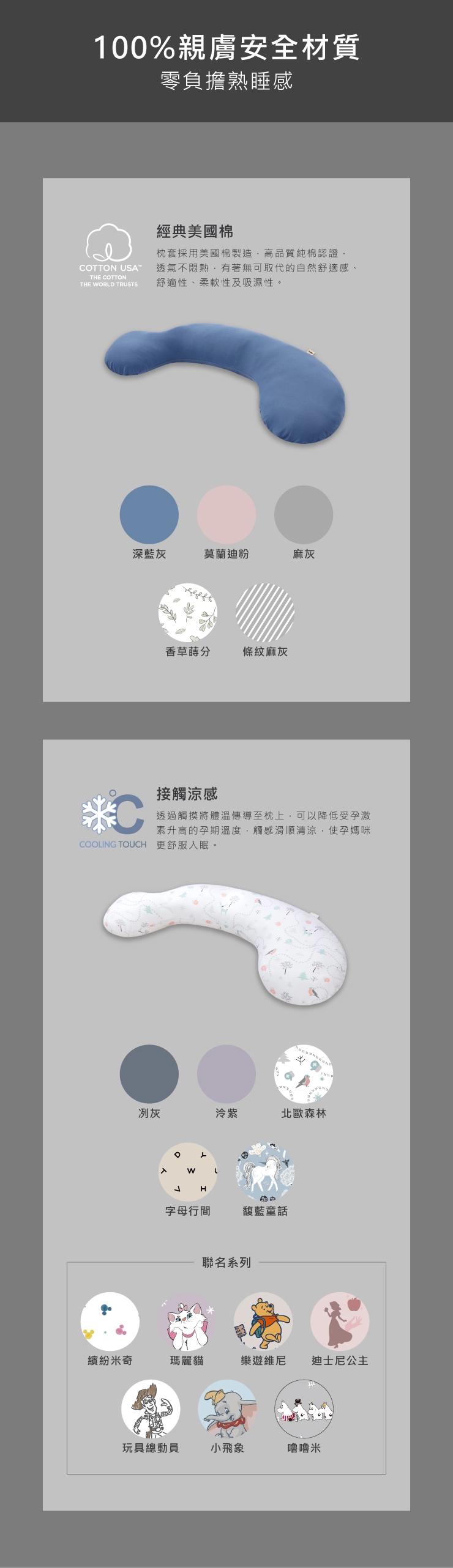 100%親膚安全材質零負擔熟睡感COTTON USATE COTTONTHE ORLD TRUSTS經典美國棉枕套採用美國棉製造高品質純棉認證透氣不悶熱有著無可取代的自然舒適感、舒適性、柔軟性及吸濕性深藍灰莫蘭迪粉麻灰香草分條紋麻灰接觸涼感透過觸摸將體溫傳導至枕上可以降低受孕激素升高的孕期溫度觸感滑順清涼,使孕媽咪COOLING TOUCH 更舒服入眠。冽灰泠紫北歐森林。WH字母行間馥藍童話聯名系列繽紛米奇瑪麗貓樂遊維尼迪士尼公主玩具總動員小飛象嚕嚕米