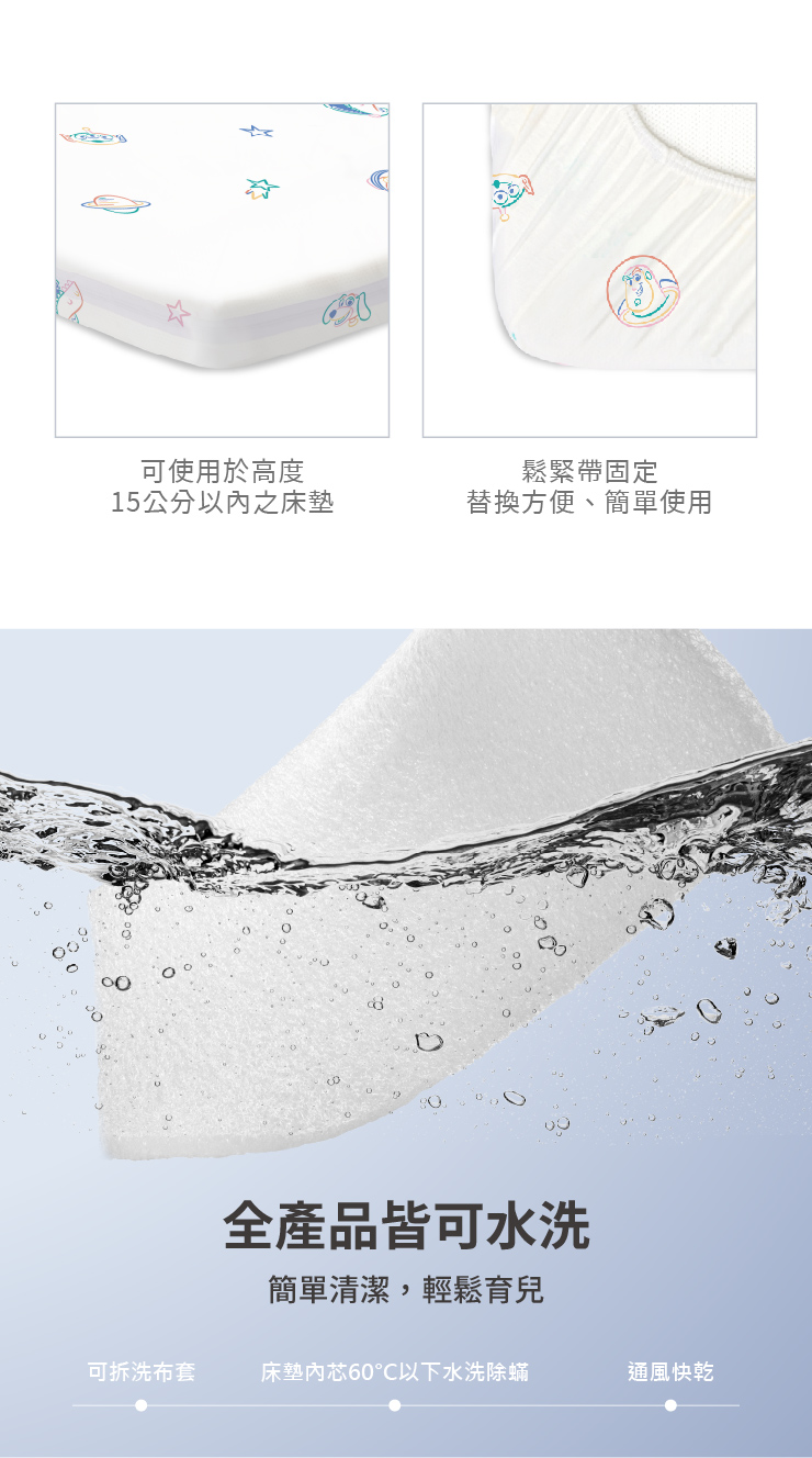 可使用於高度鬆緊帶固定15公分以之床墊替換方便、簡單使用全產品皆可水洗簡單清潔,輕鬆育兒可拆洗布套床墊內芯60以下水洗除蟎通風快乾