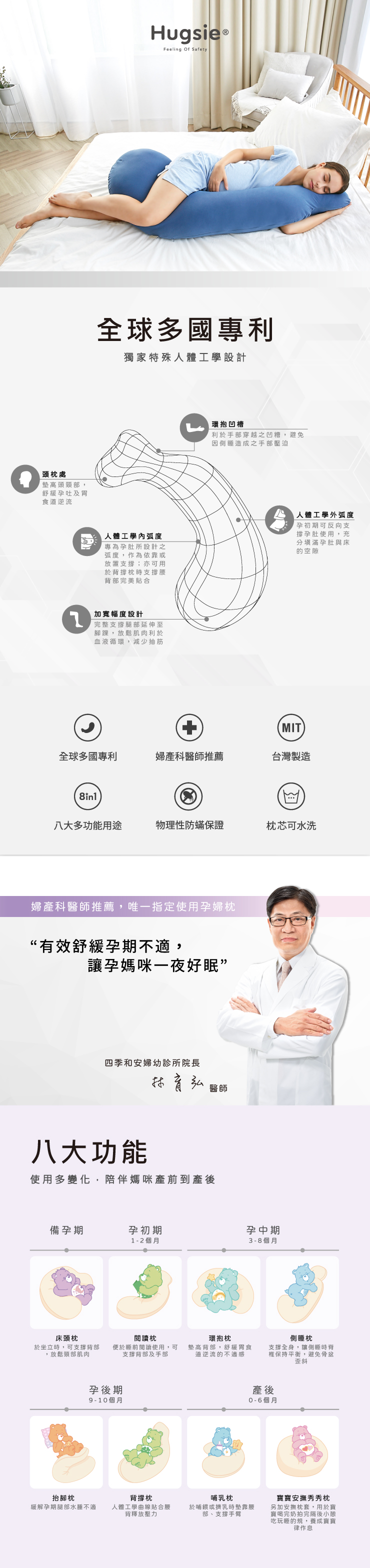 頭枕處頭頸部,舒緩吐及胃食道逆流Hugsie Feeling Of 全球多國專利獨家特殊人體工學設計環抱凹槽利於手部穿越之凹槽,避免因造成之手部壓迫人體工學弧度專為孕肚所設計之弧度,作為依靠或放置支撐;亦可用於背撐枕支撐背部完美合 人體工學外弧度孕初期可反向支撐孕肚使用,充分滿孕肚與床的空隙加寬幅度設計完整支撐腿部延伸至腳踝,放鬆肌肉利於血液循環,減少抽筋MIT全球多國專利婦產科醫師推薦台灣製造8in1八大多功能用途物理性防蟎保證枕芯可水洗婦產科醫師推薦,唯一指定使用孕婦枕“有效舒緩孕期不適,讓孕媽咪一夜好眠”四季和安婦幼診所院長林育弘醫師八大功能使用多變化,陪伴媽咪產前到產後備孕期孕初期孕中期1 - 2 個月3 - 8個月床頭枕於坐立時,可支撐背部,放鬆頸部肌肉閱讀枕睡前閱讀使用,可支撑背部及手部環抱枕高背部,舒緩胃食道逆流的不適感側睡枕支撐全身,讓側睡時椎保持平衡,避免骨盆歪斜孕後期9-10個月產後0-6個月抬腳枕背撐枕緩解孕期腿部水腫不適 人體工學曲線貼合背釋放壓力哺乳枕於哺餵或擠乳時靠腰部、支撐手臂寶安撫秀秀枕另加安撫枕套,用於寶寶喝完奶拍完隔後小憩吃玩睡的規,養成寶寶律作息